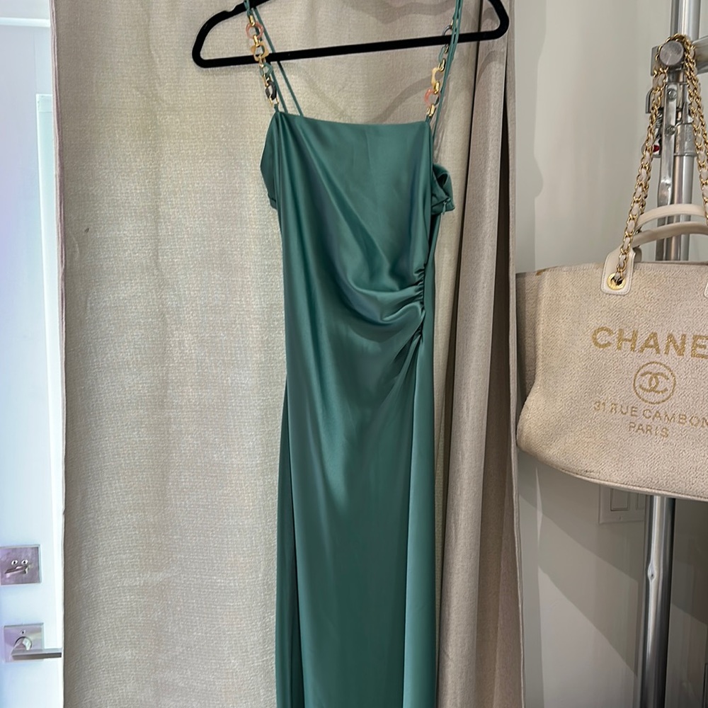 Zara green satin dress bead straps